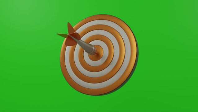 3d animation of the appearance of a target and a dart that hits the target. The idea of winning competitions, achieving goals and success in business. Animation on a green background, chromakey.
