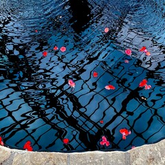Red flowers in the water. Reflection