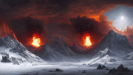 Onwerkelijk fantasie berglandschap met vulkaanuitbarsting. Sombere nachtelijke hemel, heldere flitsen van vurige lava en explosie.