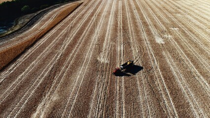 Tractor in the field. Agricultural photo of autumn harvest. View from a drone. Tractors at work. Harvesting corn.