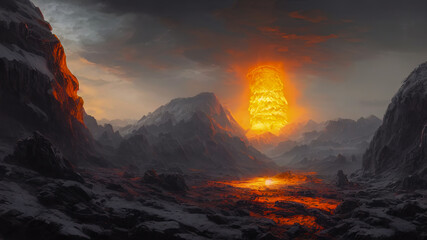 Fototapeta na wymiar Unreal fantasy mountain landscape with volcanic eruption. Gloomy night sky, bright flashes of fiery lava and explosion.