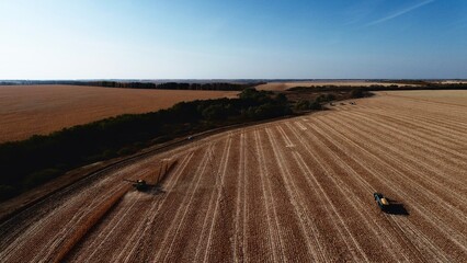 Agricultural photo of autumn harvest. View from a drone. Tractors at work. Harvesting corn.