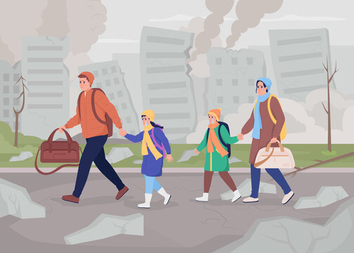 Leaving war-torn city due to military conflict flat color vector illustration. Distressed family running away with luggages 2D simple cartoon characters with cityscape on background