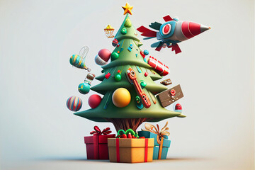 Cute digital illustration of christmas tree with toys and gifts. Funny traditional character. Cartoon style of digital illustrat. Cute spruce.