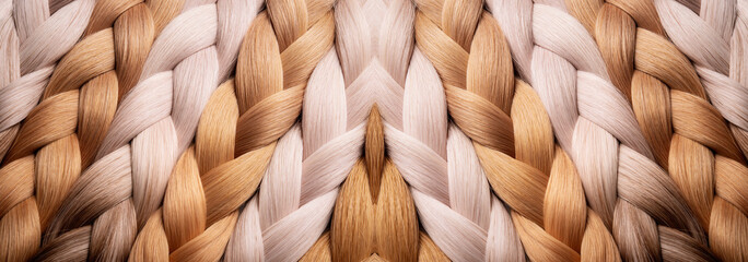 Braid of natural hair close-up, banner.  Blonde braids. Texture or background of beautiful female hair. Hair coloring. Hair extensions.