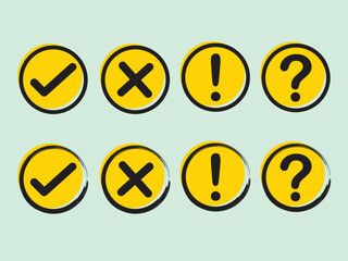 Fototapeta na wymiar Set of check mark, cross mark, exclamation mark, question mark in yellow color.