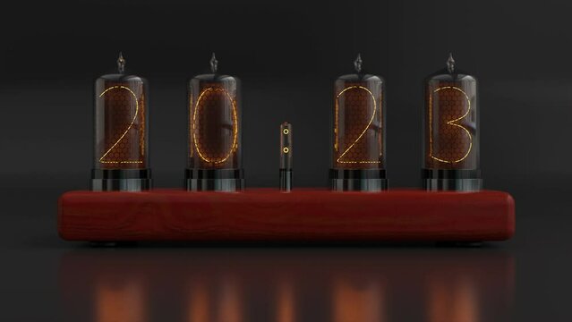 3d animation of a gas discharge indicator with the date 2022, which is replaced by the date of the new 2023. A time machine, a pointer to the change of epochs. New Year's animation with an old device.