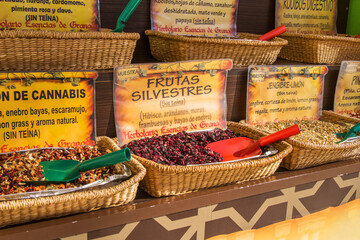 Natural and theine free (sin teina)  herbal tea sorts on sale in south Spain market.
