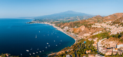 Panoramic aerial view of Isola Bella island and beach in Taormina. Giardini-Naxos bay, Ionian sea...