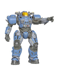 powered combat suit is standing up and showing the way