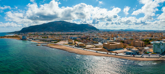 Aerial panoramic view of Trapani harbor, Sicily, Italy. Beautiful holiday town in Italy. - obrazy, fototapety, plakaty