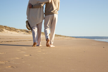 Romantic couple enjoying vacation at seaside while walking along beach and embracing. Back view of...