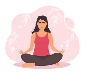 Obraz na płótnie Canvas A woman is sitting in the lotus position with her legs crossed in the lotus position, doing yoga asanas. Vector graphics.