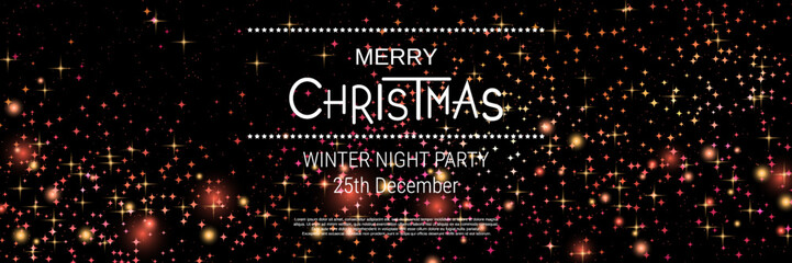 Merry Christmas and Happy New Year vector illustration. Black background with stars and glow effect. Banner, invitation card, coupon, web header template