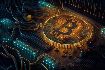 Computer-generated image of Bitcoin miners.. Cryptocurrency mining with Bitcoin can only be achieved with industrial Bitcoin mining rigs. ASIC BTC mining