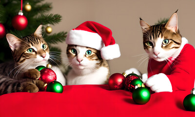 Cats wearing Santa hat playing with Christmas decorations