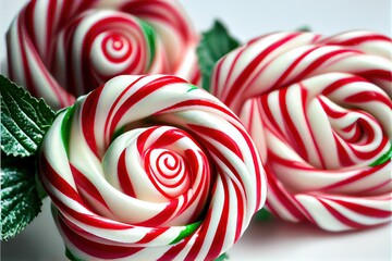 Computer-generated image of sweet and minty candy cane roses. A modern twist on a holiday classic, these Christmas candies are shaped like roses but with peppermint stripes and leaves