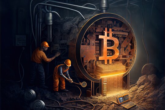 Computer-generated image of Bitcoin miners.. Cryptocurrency mining with Bitcoin can only be achieved with industrial Bitcoin mining rigs. ASIC BTC mining