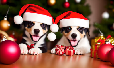 Dogs wearing Santa hat playing with Christmas decorations