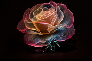Computer-generated image of a neon fiber optic rose hologram. neon colors, vibrant and colorful, create a beautiful, intricate rose shape