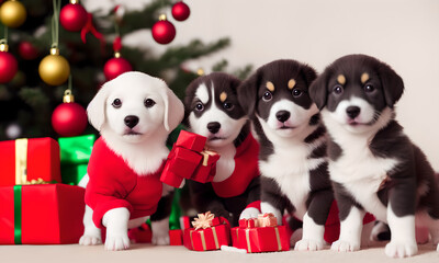 Fototapeta premium Dogs wearing Santa hat playing with Christmas decorations