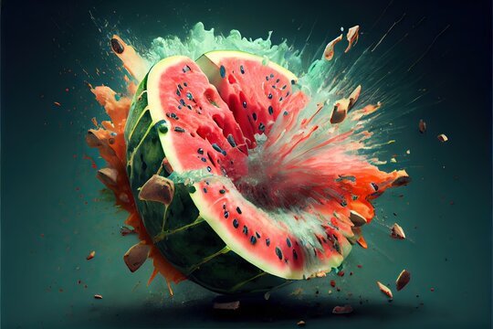 Computer-generated image of exploding watermelon fruit. Photorealism and 3D shading to create a busy action-shot with your favorite foods going boom