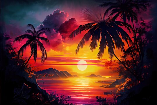 Computer-generated image of a tropical sunset on the beach. Idyllic getaway with bright and colorful sunset, palm trees, ocean waves, cool sea breeze, and mountains