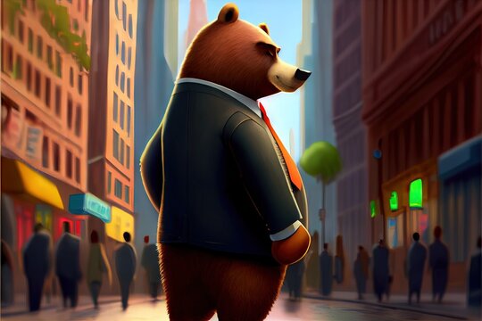 Computer-generated Image Of A Wall Street Bear In A Suit. Wall Street Day Traders Watch The Markets, And This Represents Investors Buying Stocks, Commodities, And More