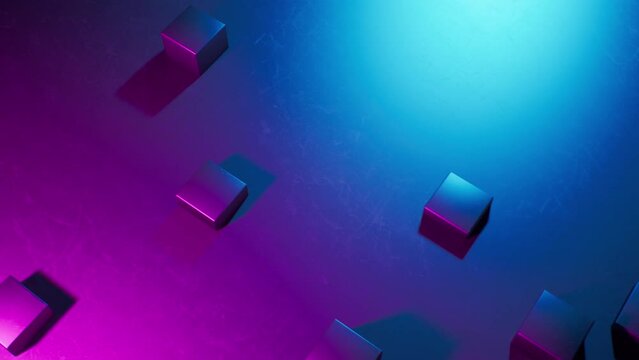 3d animation of a neon background with metal cubes in motion.