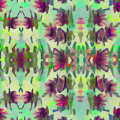 Retro kaleidoscope floral seamless pattern. Vintage geo gender neutral fashion swatch for botanical cottagecore wallpaper. Trendy watercolor for splotched flower texture. 