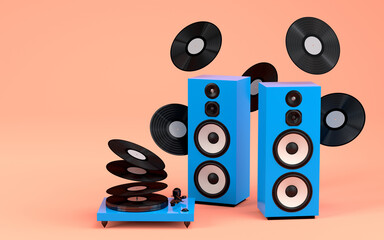 Set of Hi-fi speakers and DJ turntable for sound recording studio on coral