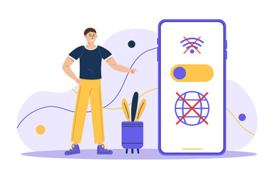 Fototapeta premium No Internet Connection. Lost wi-fi signal on phone. Man standimg around big phone. Offline error, No Wi-Fi signal. disconnect, error connection. Vector illustration concept