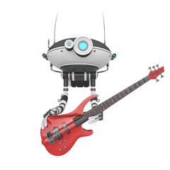 floating robot is holding and playing an electric guitar