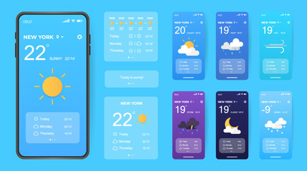 Mobile weather app interface design. GUI elements for weather forecast mobile app. Realistic phone. Temperature, weather condition user interface generator. Ui ux toolkit vector illustration - obrazy, fototapety, plakaty