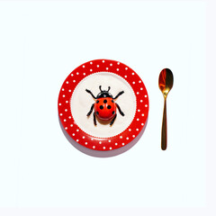 Ladybug on a white background, aesthetic nature inspired layout, polka dot pattern. 