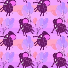 Cartoon festive animals seamless elephant and balloons pattern for birthday and wrapping paper and fabrics