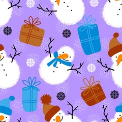 Obraz na płótnie Canvas Winter seamless snowman and snowflakes pattern for Christmas wrapping paper and kids notebooks