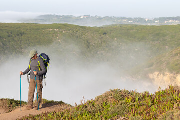 Obraz premium Portrait of content male hiker with grey hair. Man in casual clothes with hiking ammunition looking at camera, spectacular landscape in background. Hobby, nature concept