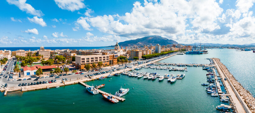 Aerial panoramic view of Trapani harbor, Sicily, Italy. Beautiful holiday town in Italy.