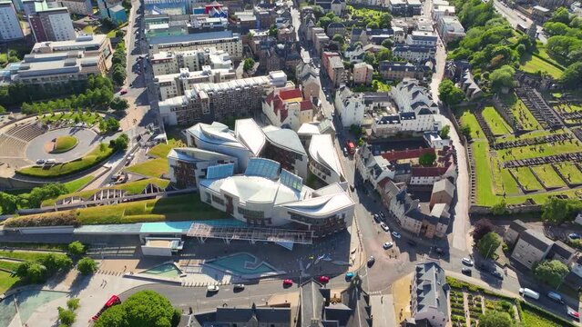 Scottish Parliament Building aerial view on Royal Mile in Old Town Edinburgh, Scotland, UK. Old Town Edinburgh is a UNESCO World Heritage Site since 1995.