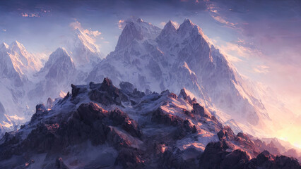 Unreal fantasy mountain landscape. Snowy slopes of mountains, sunset. Beautiful mountain landscape.