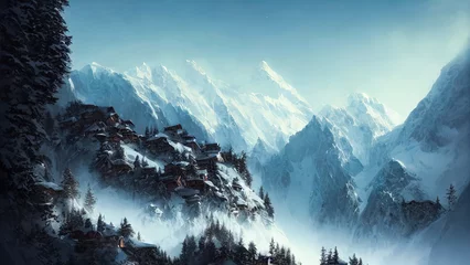 Poster Onwerkelijk fantasie berglandschap. Besneeuwde hellingen van bergen, zonsondergang. Prachtig berglandschap. © Terablete