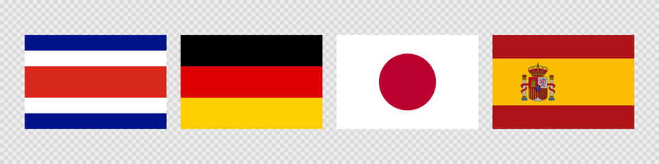 National flag set. Costa Rica, Germany, Japan, Spain.