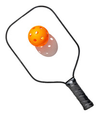 Colorfull indoor orange Pickleball with black and white paddle on transparent background. PNG file.