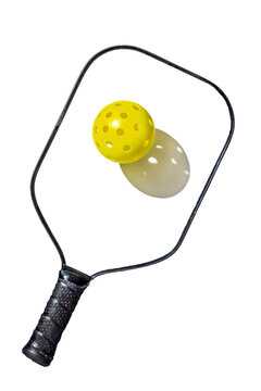 Colorfull outdoor Pickleball with black and white paddle on transparent background. PNG file.