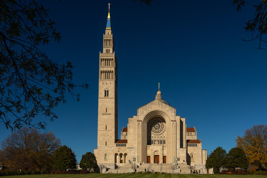 Washington, DC, USA - 2022 November 26: The Basilica of the National Shrine of the Immaculate Conception on a sunny Day