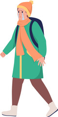 Refugee boy with backpack running away from war semi flat color raster character. Sobbing figure. Full body person on white. Simple cartoon style illustration for web graphic design and animation