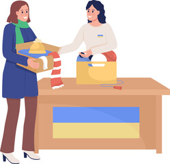 Woman donating clothing to Ukraine semi flat color raster characters. Happy figures. Full body people on white. Simple cartoon style illustration for web graphic design and animation