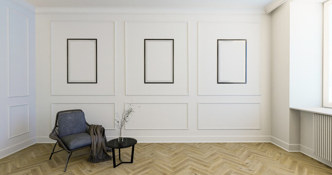 Makieta ramy w klasycznym salonie na tle dekoracyjnej ściany, 3d render
