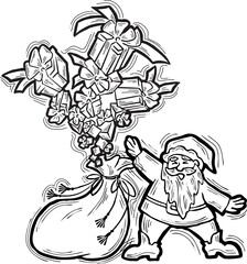 Fototapeta na wymiar Decorative vector composition. Santa Claus, his big sack full of gifts. Christmas, New Year composition for banner design, party invitation. Hand drawn illustration, cartoon style character drawing.